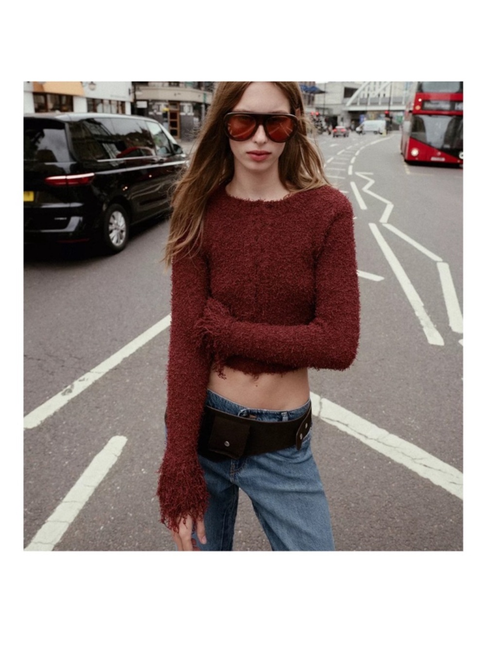 ZARA Fringed knit burgundy cropped sweater